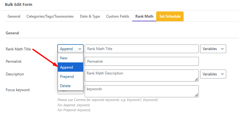 Open the Operator dropdown list and choose Append.