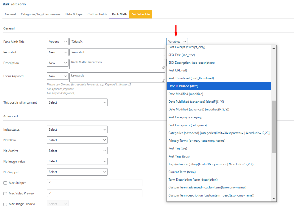 Open the Variable combo box and select Date Published.